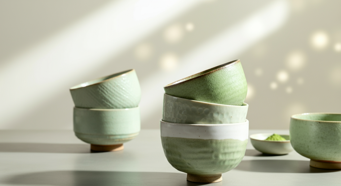 A soft, minimalist scene featuring stacked celadon-green Japanese tea bowls (chawan) on a light surface, illuminated by warm, diffused sunlight. A small dish with bright matcha powder sits in the background, with gentle bokeh reflections on the wall.